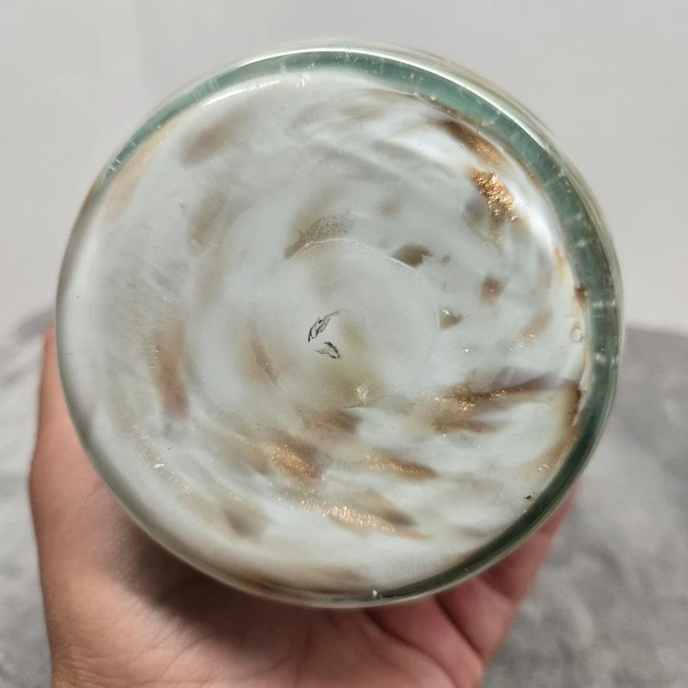 Hand Blown Glass Vase White Brown Swirl Marbled Aventurine Copper Flecks 10 inch